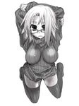  black_legwear blush breasts cleavage glasses greyscale highres impossible_clothes impossible_shirt large_breasts monochrome original shirt solo sweat sweater thighhighs tokita_monta 