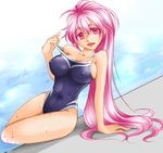  akilow bad_id bad_pixiv_id breasts competition_swimsuit covered_nipples large_breasts long_hair one-piece_swimsuit original pink_eyes pink_hair ponytail pool poolside pulled_by_self solo swimsuit swimsuit_pull wet 