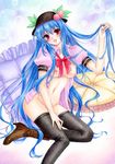  6kusa acrylic_paint_(medium) bad_id bad_pixiv_id black_legwear blue_hair breasts food fruit hat hinanawi_tenshi long_hair medium_breasts nipples peach red_eyes solo thighhighs touhou traditional_media watercolor_(medium) 