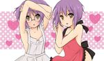  apron armpits arms_up bad_id bad_pixiv_id blush brown_eyes dual_persona glasses heart nagato_yuki naked_apron pantarou polka_dot polka_dot_background purple_hair short_hair suzumiya_haruhi_no_shoushitsu suzumiya_haruhi_no_yuuutsu 