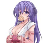  alternate_breast_size bad_id bad_pixiv_id breasts cleavage cream_puff detached_sleeves food hakama handheld_game_console hanyuu hasu_(hk_works) higurashi_no_naku_koro_ni horns japanese_clothes large_breasts miko mouth_hold older oozing pastry playstation_portable product_placement purple_eyes purple_hair red_hakama sexually_suggestive sideboob solo 