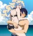  1girl bikini blush carrying couple earrings hetero jewelry matsukaze_yukiji multicolored_hair nia_teppelin ponytail simon sweat swimsuit tengen_toppa_gurren_lagann 