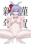  1girl 2023 bare_shoulders blue_hair blush body_writing bow breasts cleavage double_v hair_bow high_heels highres light_blue_hair looking_at_viewer navel new_year playboy_bunny red_eyes remilia_scarlet short_hair small_breasts smile solo spread_legs squatting sudako_(dai011305) thighs touhou v white_background 