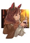  1girl animal_ears brown_coat brown_hair coat coat_on_shoulders coffee_cup cropped_torso cup disposable_cup ear_covers grey_eyes grey_sweater hands_up highres holding holding_cup horse_ears long_sleeves looking_afar medium_hair multicolored_hair nice_nature_(umamusume) parted_lips satomura_kyou scarf solo streaked_hair sweater twintails umamusume upper_body 