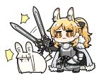  1girl :3 afterimage anger_vein animal_ear_fluff animal_ears arknights armor bangs black_gloves black_ribbon blonde_hair blush breastplate brown_eyes chibi cloak closed_mouth dog-san full_body fur-trimmed_cloak fur_trim gauntlets gloves grey_cloak hair_ribbon highres holding holding_sword holding_weapon horse_ears looking_at_viewer nearl_(arknights) platinum_(arknights) ponytail ribbon simple_background speed_lines standing stiff_tail sword weapon white_background 