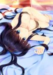  1girl absurdres bare_hips black_bra black_hair blue_eyes bra breasts highres imoe_(1017933989) large_breasts light_smile long_hair looking_at_viewer lying on_back solo touma_kazusa underwear white_album_2 