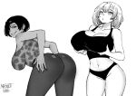  2girls :o artist_name ass bare_shoulders bent_over breast_lift breasts cleavage collarbone cowboy_shot dark_skin from_behind greyscale grin hair_over_one_eye hands_on_hips highres huge_breasts looking_at_viewer looking_back medium_hair monochrome multiple_girls navel norman_maggot original panties short_hair simple_background smile sports_bra underwear white_background 