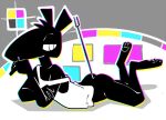  2019 abstract_background anthro black_body black_fur black_pawpads bottomless butt cay_(toxoglossa) clothed clothing crossed_arms egyptian_mythology erect_tail feet forked_tail fur half-closed_eyes hand_under_chin head_tuft male middle_eastern_mythology mythology narrowed_eyes off_shoulder open_mouth pawpads raised_foot seductive set_(species) shirt sleeveless_shirt soles solo tail topwear toxoglossa tuft unusual_anatomy unusual_tail white_clothing white_shirt white_topwear 