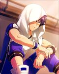  1boy arm_support bandaid bandaid_on_face bandaid_on_nose blue_eyes blue_hair fingernails idolmaster idolmaster_side-m idolmaster_side-m_growing_stars official_art one_eye_covered parted_lips short_sleeves sitting sweat taiga_takeru third-party_source towel towel_on_head wristband 