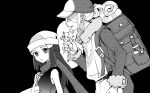  1boy 1girl atsumi_yoshioka backpack bag bangs beanie belt black_background commentary_request dawn_(pokemon) duffel_bag eyelashes from_side fur-trimmed_jumpsuit greyscale hair_ornament hairclip hand_up hat index_finger_raised jumpsuit long_hair long_sleeves looking_to_the_side monochrome poke_ball_print pokemon pokemon_(game) pokemon_dppt pokemon_legends:_arceus scarf shirt short_hair sidelocks sleeveless sleeveless_shirt volo_(pokemon) 