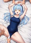  1girl animal_ears ao_no_kiseki armpits arms_up blue_hair blue_one-piece_swimsuit blush breasts clothing_aside commission eiyuu_densetsu fake_animal_ears henria highres long_hair lying medium_breasts object_insertion on_back one-piece_swimsuit open_mouth pussy pussy_juice restrained skeb_commission spread_legs swimsuit swimsuit_aside teeth tio_plato upper_teeth_only vaginal vaginal_object_insertion yellow_eyes zero_no_kiseki 