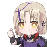  1boy aprob_(meme) blonde_hair ear_piercing hair_ornament holostars holostars_english magni_dezmond meme mole mole_under_mouth piercing purple_tunic smile thumbs_up upper_body vambraces virtual_youtuber yellow_eyes zerorespect_bot 