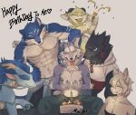  absurd_res anthro asian_mythology barbel_(anatomy) birthday birthday_cake blue_body blue_fur cake candle canid canine clothed clothing countershade_face countershade_fur countershade_torso countershading dessert dragon east_asian_mythology eastern_dragon english_text eyes_closed flesh_whiskers food fur group hi_res horn inner_ear_fluff male mammal mudosa_3_1 muscular muscular_anthro muscular_male mythology open_mouth open_smile smile text tongue tongue_out topless topless_anthro topless_male tuft 