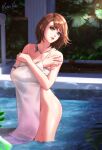  1girl bathing blue_eyes brown_hair covering crossed_arms esther_shen final_fantasy final_fantasy_x fingernails green_eyes head_tilt heterochromia jewelry leaf lips looking_at_viewer medium_hair necklace nude partially_submerged see-through shiny_skin signature single_sleeve solo thighs water white_sleeves yuna_(ff10) 