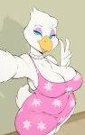  2023 anthro avian beak big_breasts bird blue_eyes breasts cleavage clothed clothing eyeshadow feathers female gesture hi_res looking_at_viewer makeup solo usnarbit v_sign white_body white_feathers 