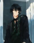  1boy black_eyes black_hair black_jacket black_shirt blue_background closed_mouth given grey_background highres jacket kio3o light_blue_background long_sleeves looking_at_viewer male_focus multicolored_background murata_ugetsu shirt short_hair smile solo wavy_hair 
