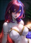  1girl alear_(female)_(fire_emblem) alear_(fire_emblem) bangs blue_eyes blue_hair breasts choker cinderone cleavage crossed_bangs earrings fire_emblem fire_emblem_engage hair_between_eyes heterochromia highres jewelry large_breasts lips long_hair looking_at_viewer multicolored_hair red_eyes red_hair solo split-color_hair very_long_hair 