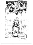  1girl 1other 2019 absurdres bangs commentary crosshatching english_commentary extra_arms full_body grin hatching_(texture) highres ink_(medium) jacket monochrome monster original panties panty_pull ravenhart school_uniform signature sitting smile toilet toilet_paper toilet_stall traditional_media underwear 