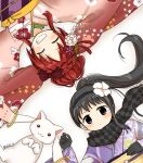  2girls akemi_homura akemi_homura_(haregi_ver.) argyle argyle_scarf bangs black_gloves black_hair black_hairband black_scarf blush braid brown_ribbon closed_eyes closed_mouth crown_braid egasumi floral_print flower furisode gloves grin hair_bun hair_flower hair_ornament hair_ribbon hair_stick hairband han&#039;eri hand_on_own_stomach hand_up japanese_clothes kanzashi kikumon kimono kyubey long_hair long_sleeves looking_at_viewer lying magia_record:_mahou_shoujo_madoka_magica_gaiden mahou_shoujo_madoka_magica multiple_girls no_nose obi obiage obidome obijime official_alternate_costume on_ground outstretched_arms parted_bangs ponytail purple_eyes purple_kimono purple_sash red_flower red_kimono ribbon rioran sakura_kyouko sakura_kyouko_(haregi_costume) sash scarf shippou_(pattern) single_sidelock smile spread_arms striped_sash tassel twitter_username upper_body v-shaped_eyebrows very_long_hair white_background white_flower yagasuri yellow_flower yellow_sash 