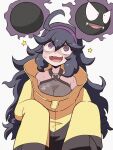  1girl @_@ ahoge bangs black_hair blush commentary_request cosplay curly_hair gastly grey_eyes grey_shirt hairband hex_maniac_(pokemon) highres iono_(pokemon) iono_(pokemon)_(cosplay) jacket kurachi_mizuki long_hair looking_up open_mouth pokemon pokemon_(creature) pokemon_(game) pokemon_sv pokemon_xy purple_hairband shirt sleeveless sleeveless_shirt solo star_(symbol) sweat sweatdrop tongue white_background yellow_jacket 