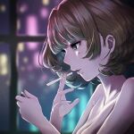  1girl breasts cigarette cleavage commentary_request green_eyes highres holding holding_cigarette holding_lighter idolmaster idolmaster_cinderella_girls lighter lighting_cigarette lips mole mole_under_eye night nude oshizu parted_lips short_hair solo takagaki_kaede topless window 