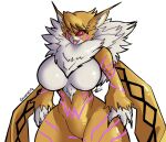  2022 anthro bandai_namco big_breasts breasts digimon digimon_(species) featureless_breasts featureless_crotch female glubtastic hi_res huge_breasts huge_thighs meicrackmon pink_eyes pupils red_sclera sharp_teeth signature simple_background smile solo standing teeth text thick_thighs tongue tongue_out unusual_eyes unusual_pupils wide_hips yellow_body 