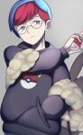  1girl absurdres backpack bag bangs blue_hair brown_bag closed_mouth commentary_request glasses grey_eyes hand_in_pocket highres looking_to_the_side midzuki_(aimizuai) multicolored_hair penny_(pokemon) poke_ball_print pokemon pokemon_(game) pokemon_sv red_hair round_eyewear short_hair solo two-tone_hair watermark 