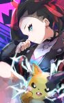  1girl aqua_eyes bangs black_choker black_hair black_jacket choker clenched_hand closed_mouth commentary_request dress earrings electricity eyelashes frown green_eyes hair_ribbon hand_up highres jacket jewelry maato_tac marnie_(pokemon) morpeko morpeko_(full) open_clothes open_jacket pink_dress pokemon pokemon_(creature) pokemon_(game) pokemon_swsh ribbon strap 