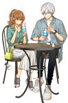  ._. 1boy 1girl 3: absurdres ahoge alternate_hairstyle aqua_shirt bag bangs belt belt_buckle black_footwear black_pants blue_eyes blue_shirt blue_socks bracelet breast_pocket bright_pupils brown_belt brown_eyes brown_hair buckle casual chair cherry closed_mouth collared_shirt cross-laced_footwear cup drink drinking_straw earrings eyebrows_hidden_by_hair flower_earrings food foot_dangle from_side fruit full_body fuyutsuki_(koori_zokusei_danshi) green_bag green_nails grey_footwear hair_between_eyes hair_ribbon hair_up halterneck handbag hands_up hat high-waist_skirt highres himuro_(koori_zokusei_danshi) holding holding_cup holding_drink holding_spoon ice ice_cream ice_cream_float ice_cream_spoon ice_cube jewelry knees_together_feet_apart koori_zokusei_danshi_to_cool_na_douryou_joshi light_blush long_hair long_shirt long_skirt looking_down nail_polish no-show_socks notice_lines o_o official_art on_chair open_clothes open_shirt pants parted_lips pleated_skirt pocket polka_dot polka_dot_shirt ponytail purple_eyes ribbon round_table shirt shirt_tucked_in shoelaces shoes short_sleeves shoulder_bag sidelocks simple_background sitting skirt sleeves_rolled_up sneakers snowman socks spoon table teeth tonogaya top_hat undershirt w_arms watch wavy_hair white_background white_footwear white_hair white_pupils white_ribbon white_shirt white_skirt wide_sleeves wing_collar wooden_chair wooden_table wristwatch 