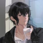  1boy black_eyes black_hair black_jacket blue_background cup given grey_background highres holding holding_cup jacket jewelry kio3o light_blue_background long_sleeves male_focus multicolored_background murata_ugetsu necklace shirt short_hair smile solo teeth wavy_hair white_shirt window 