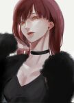  1girl black_choker black_dress chainsaw_man choker collarbone dress earrings fur_coat highres jewelry juzoh13 long_hair looking_at_viewer makima_(chainsaw_man) red_eyes red_hair ringed_eyes simple_background solo stud_earrings white_background 