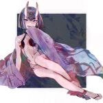  1girl ankle_ribbon bob_cut breasts clothes_down dareka_shira fang fate/grand_order fate_(series) full_body hand_to_own_mouth headpiece highres horns japanese_clothes kimono leg_ribbon looking_at_viewer navel oni oni_horns open_mouth purple_eyes purple_hair purple_kimono revealing_clothes ribbon short_eyebrows short_hair shuten_douji_(fate) shuten_douji_(first_ascension)_(fate) skin-covered_horns sleeves_past_fingers sleeves_past_wrists small_breasts smile square 