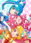  3girls amesafu aqua_eyes bangs blonde_hair blue_hair brooch bun_cover closed_eyes cone_hair_bun cure_precious cure_spicy cure_yum-yum delicious_party_precure fuwa_kokone gloves hair_bun heart heart_brooch highres jewelry long_hair magical_girl multiple_girls nagomi_yui open_mouth pam-pam_(precure) pink_eyes pink_hair ponytail precure smile swept_bangs very_long_hair white_gloves 