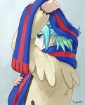  1boy arm_up blue_scarf closed_mouth commentary_request from_side green_eyes green_hair grey_background grusha_(pokemon) holding holding_clothes holding_scarf jacket long_sleeves looking_down male_focus pokemon pokemon_(game) pokemon_sv scarf signature solo striped striped_scarf upper_body yellow_jacket yuu_(hguy_sv) 