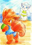  2017 alolan_form alolan_vulpix ball beach beach_ball bikini biped blue_clothing blue_swimwear clothing colored_pencil_(artwork) duo female fur generation_1_pokemon gesture green_bikini_bottom green_bikini_top holding_beach_ball inflatable looking_at_viewer looking_back looking_back_at_viewer midriff navel nintendo one-piece_swimsuit orange_body orange_fur pichu_no_hito pokemon pokemon_(species) regional_form_(pokemon) seaside semi-anthro standing swimwear traditional_media_(artwork) vulpix water waving white_body white_fur 