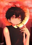  1boy black_hair black_tank_top blood blood_on_hands blush cloud cloudy_sky full_moon highres leryn male_child male_focus moon orange_eyes original parted_lips red_moon red_sky signature sky solo tank_top 
