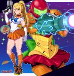  1girl absurdres aqua_eyes arm_cannon armor bishoujo_senshi_sailor_moon blonde_hair cosplay finger_on_trigger firing gun helmet high_ponytail highres holding holding_gun holding_weapon long_hair looking_at_viewer metroid metroid_(classic) metroid_(creature) metroid_fusion miniskirt mole mole_under_mouth multiple_views orange_skirt orange_socks plasma_pistol power_suit power_suit_(metroid) sailor_venus sailor_venus_(cosplay) samus_aran sarukaiwolf school_uniform serafuku skirt socks thighs weapon zero_suit 