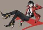  1boy amamiya_ren artist_name belt black_hair black_necktie blazemalefica card cigar cosplay gloves hand_on_own_head high_heels holding holding_card jacket lapel_pin necktie open_clothes open_jacket persona persona_5 persona_5_the_royal popped_collar raoul_(persona_5) raoul_(persona_5)_(cosplay) simple_background 