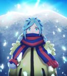  1boy blue_scarf commentary_request eyelashes green_eyes green_hair grusha_(pokemon) highres jacket looking_at_viewer male_focus min_(myna8247) poke_ball_print pokemon pokemon_(game) pokemon_sv scarf scarf_over_mouth signature solo sparkle striped striped_scarf upper_body yellow_jacket 