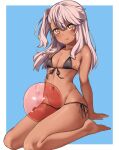  1girl :q absurdres arm_support arms_behind_back asymmetrical_bangs ball bangs bare_legs barefoot beachball bikini border chloe_von_einzbern commentary_request dark-skinned_female dark_skin fate/kaleid_liner_prisma_illya fate_(series) flat_chest front-tie_bikini_top front-tie_top hai_ookami hair_bobbles hair_ornament highres long_hair looking_at_viewer navel one_side_up orange_eyes outside_border pink_hair side-tie_bikini_bottom simple_background sitting solo string_bikini sweatdrop swimsuit tongue tongue_out wariza 