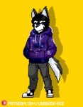  2023 animated anthro canid canine canis clothing digital_drawing_(artwork) digital_media_(artwork) english_text footwear fur grey_body grey_fur hair hand_in_pocket hi_res hoodie lobo_(lobokosmico) lobokosmico male mammal pixel_(artwork) pixel_animation pockets purple_eyes shoes simple_background solo text topwear url white_body white_fur wolf yellow_background 