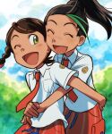  2girls ;d ^_^ bangs blush braid breast_pocket brown_hair closed_eyes cloud cloudy_sky collared_shirt commentary day elizabeth_(tomas21) eyelashes freckles green_eyes green_hair happy highres hug hug_from_behind juliana_(pokemon) logo multicolored_hair multiple_girls necktie nemona_(pokemon) one_eye_closed open_mouth orange_necktie orange_shorts outdoors pocket pokemon pokemon_(game) pokemon_sv ponytail shirt short_sleeves shorts sky smile symbol-only_commentary two-tone_hair white_shirt 