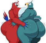  absurd_res anthro avian beak big_breasts big_butt bird blue_body blue_feathers blush breast_squish breasts butt butt_grab curvy_figure duo feathers female female/female hand_on_butt hi_res huge_breasts huge_butt non-mammal_breasts parrot red_body red_feathers smile squish sssonic2 thick_thighs voluptuous wide_hips 