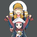 1boy 1girl :d akari_(pokemon) arc_phone atsumi_yoshioka black_hair blonde_hair blue_jumpsuit closed_eyes commentary_request eyelashes false_smile fur-trimmed_jumpsuit grey_background grey_eyes hair_over_one_eye hand_up hat head_scarf holding holding_phone jacket jumpsuit logo long_sleeves looking_down open_mouth phone pokemon pokemon_(game) pokemon_legends:_arceus red_scarf scarf sidelocks smile teeth tongue upper_teeth_only volo_(pokemon) white_headwear yellow_headwear 