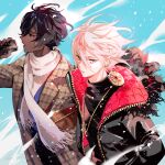 2boys arjuna_(fate) bangs black_hair black_jacket blue_background blue_eyes brown_eyes can coat dark-skinned_male dark_skin earrings fate/grand_order fate_(series) highres holding holding_can jacket jewelry karna_(fate) looking_at_viewer multiple_boys open_clothes open_jacket overcoat sakuramochi1003 scarf short_hair turtleneck upper_body white_hair white_scarf 