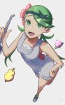  1girl :d absurdres bangs berry_(pokemon) commentary_request flower footwear_ribbon green_eyes green_footwear green_hair green_headband green_ribbon grey_background grey_overalls hand_on_own_thigh headband highres holding holding_ladle knees ladle leg_up long_hair looking_up mallow_(pokemon) midzuki_(aimizuai) open_mouth overall_shorts overalls pink_flower pink_shirt pokemon pokemon_(game) pokemon_sm ribbon shirt shoes sitrus_berry smile solo swept_bangs teeth tongue twintails 