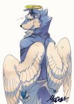  absurd_res angel anthro blue_body blue_eyes blue_fur canid canine countershade_face countershade_fur countershading feathered_wings feathers floppy_ears fur halo hi_res inner_ear_fluff looking_back male mammal mudosa_3_1 rear_view solo tuft wings 