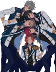  5boys :3 :p ^_^ aiguillette belt black_hair blonde_hair blue_eyes closed_eyes ensemble_stars! epaulettes fingerless_gloves gloves green_eyes grey_hair human_stacking looking_at_viewer looking_up male_focus matching_outfit multiple_boys narukami_arashi one_eye_closed orange_hair partially_unbuttoned red_eyes red_hair sakuma_ritsu sash sena_izumi_(ensemble_stars!) shoulder_sash smile suou_tsukasa tongue tongue_out tsukinaga_leo yamadi 