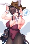  1girl animal_ears bandana bangs bare_shoulders black_hair blush breasts brown_headwear bunny_pose cleavage covered_navel cowboy_hat cowboy_shot crying embarrassed fake_animal_ears hat highres horse_girl horse_tail kurokoma_saki large_breasts leotard long_hair looking_at_viewer meimei_(meimei89008309) open_mouth pantyhose pegasus_wings playboy_bunny rabbit_ears red_eyes red_leotard simple_background solo spoken_squiggle squiggle strapless strapless_leotard tail touhou white_bandana wings wrist_cuffs 