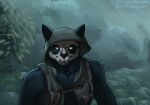  black_body black_fur bodypaint carrion_cat domestic_cat face_paint felid feline felis forest fur glistening glistening_eyes hi_res jungle mammal military_jacket pantherine plant tree 